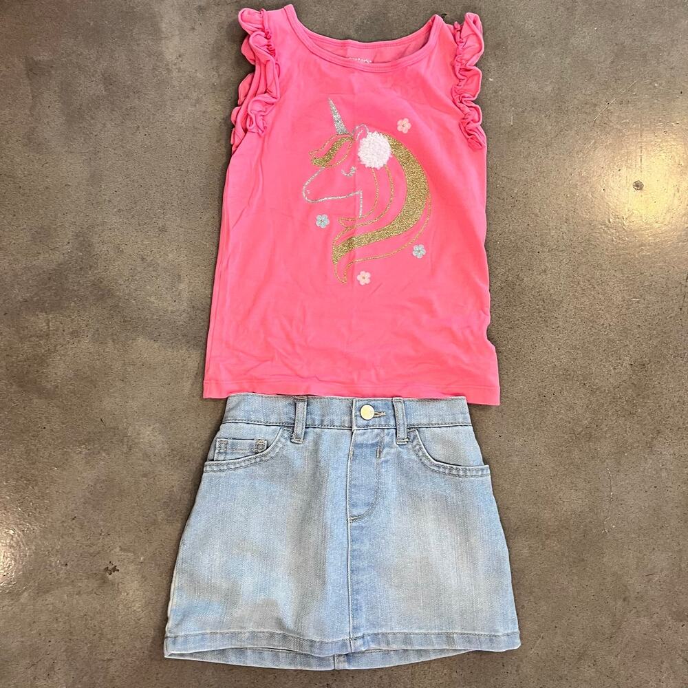Carters Pink unicorn tee Childrens place denim skort skirt shorts 5T outfit set